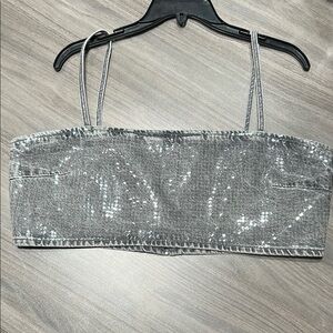 Zara Denim Silver Sequin Top